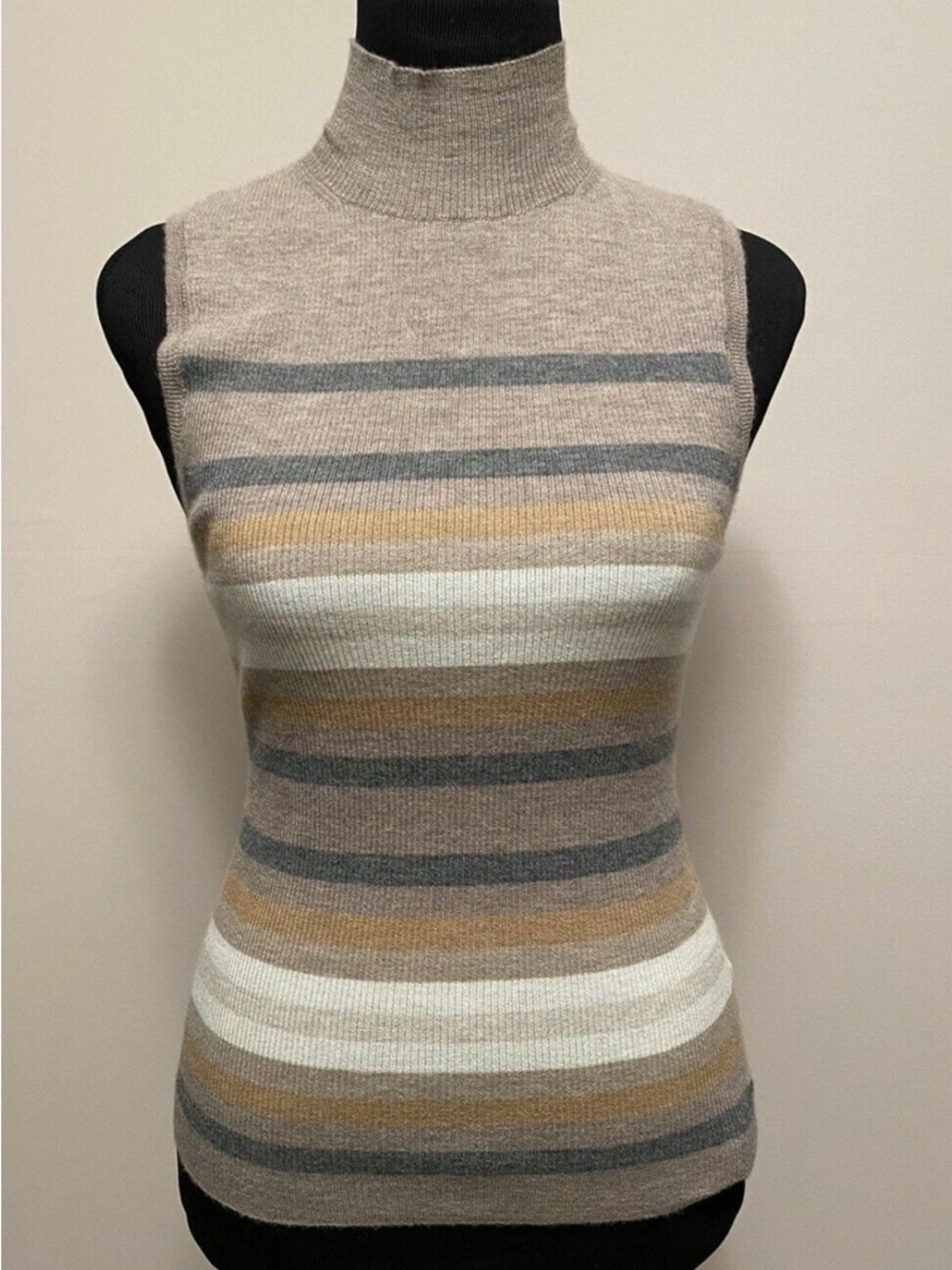 Theory Cashmere Sleeveless Turtleneck Sweater Top Beige Knit Medium